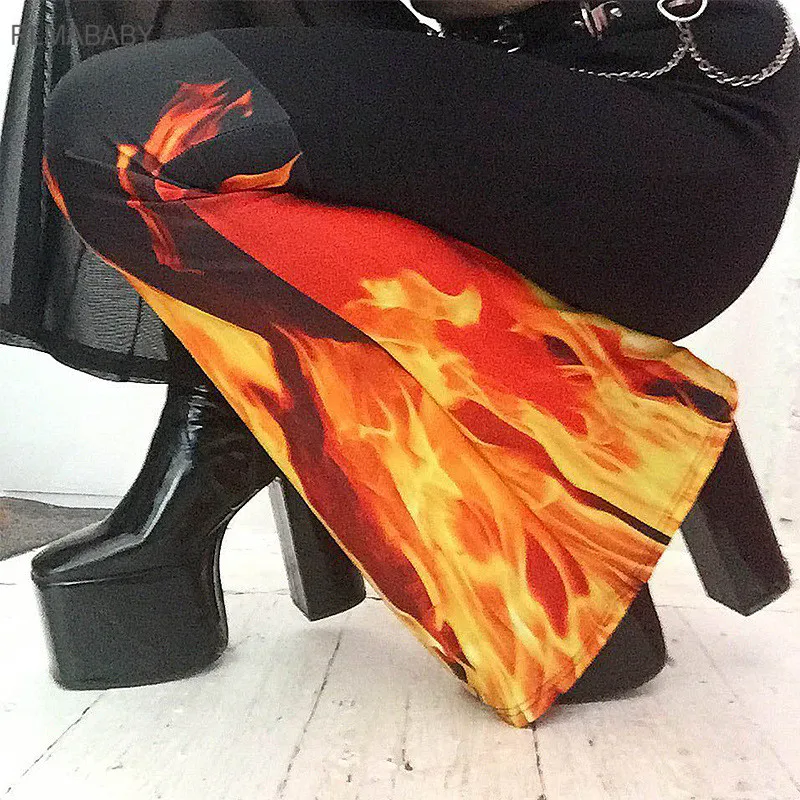 RLMABABY принт огонь лоскутные сексуальные расклешенные брюки женские с высокой