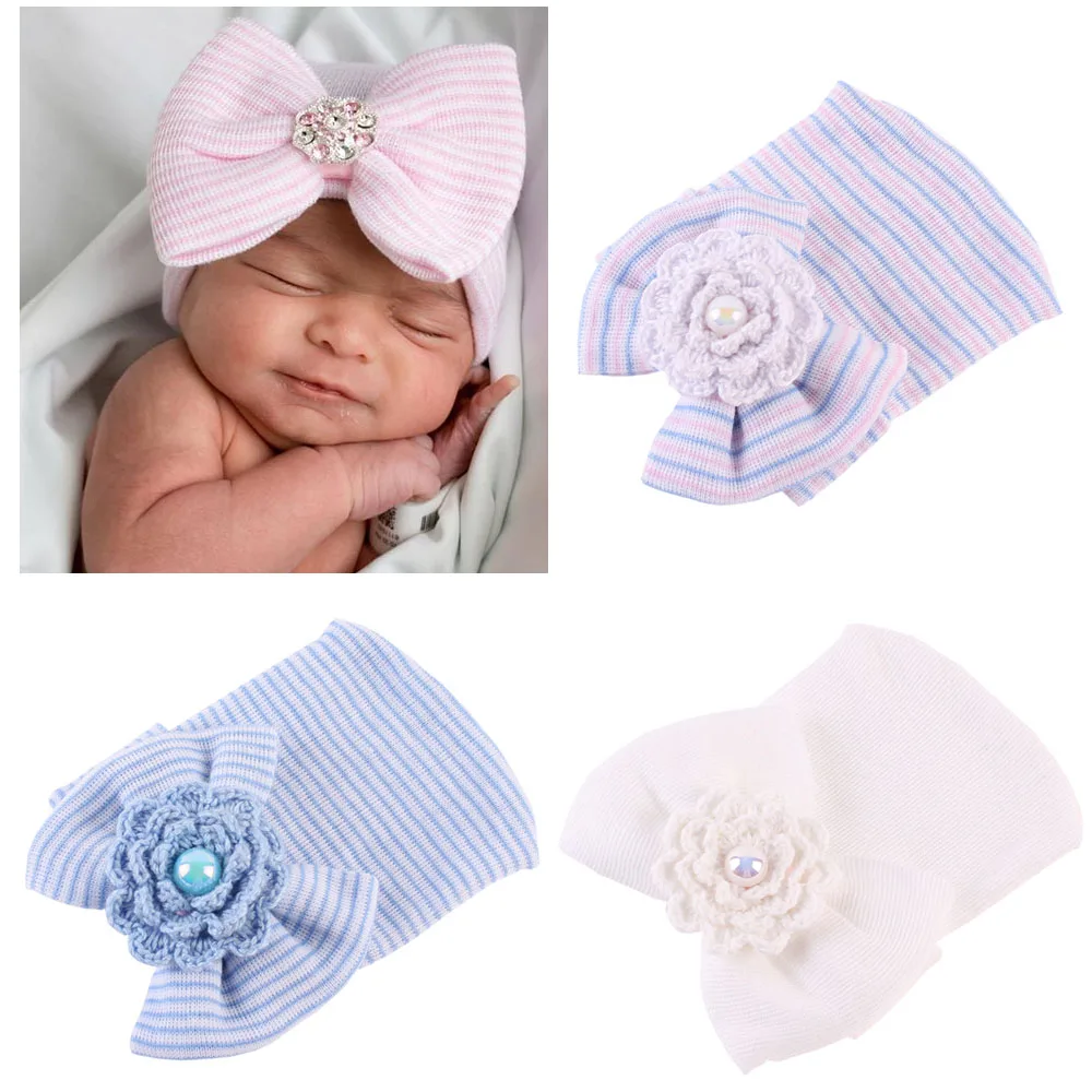 Newborn Hospital Hat Infant Baby Cap with Big Bow Soft Cute Knot Nursery Cotton Knitted Beanie 1pc | Детская одежда и обувь