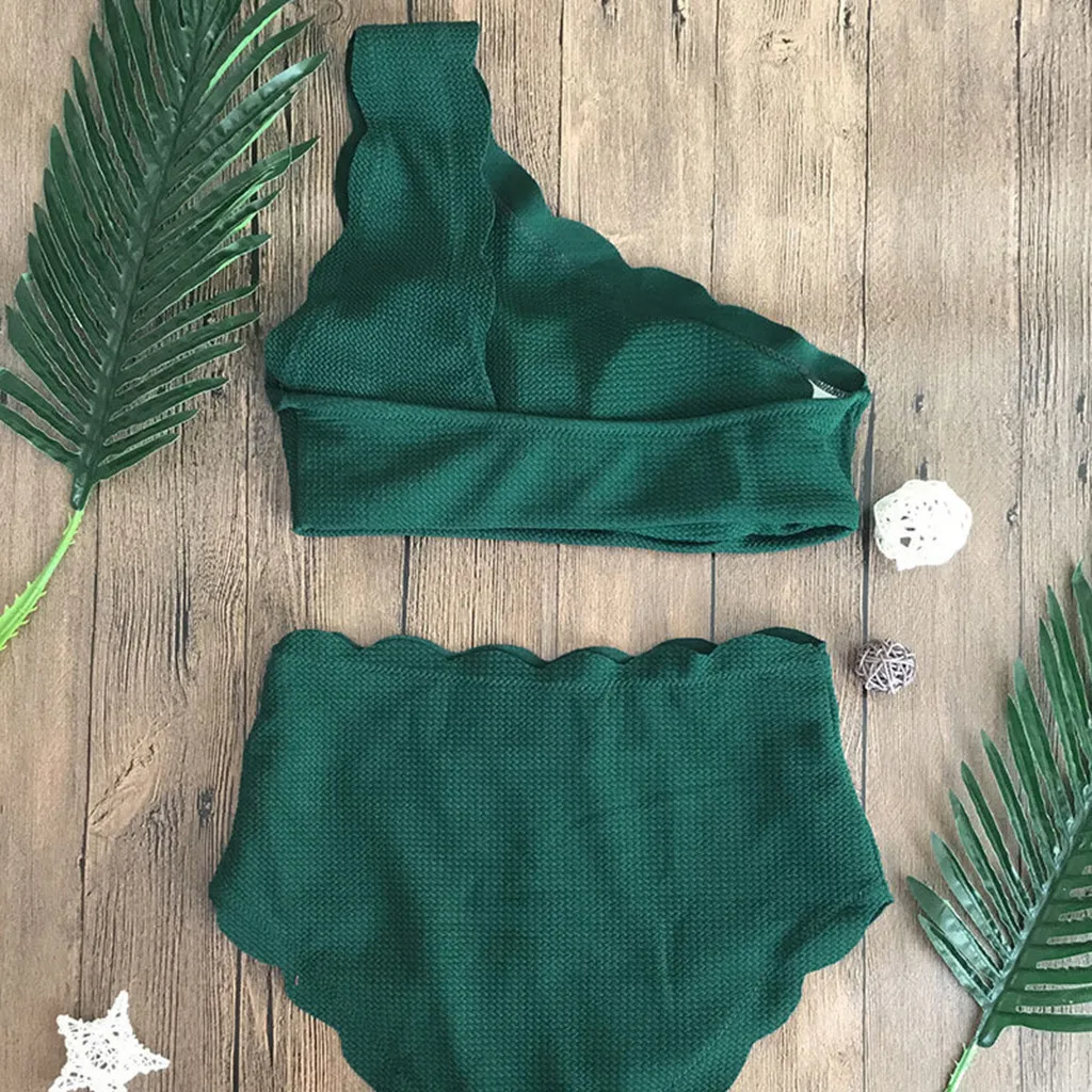 Summer Lady High Waisted Swimsuit Two Pieces Scalloped Trim One Shoulder Bikini Padded Bra Swimwear Solid Purple Green Beachwear |