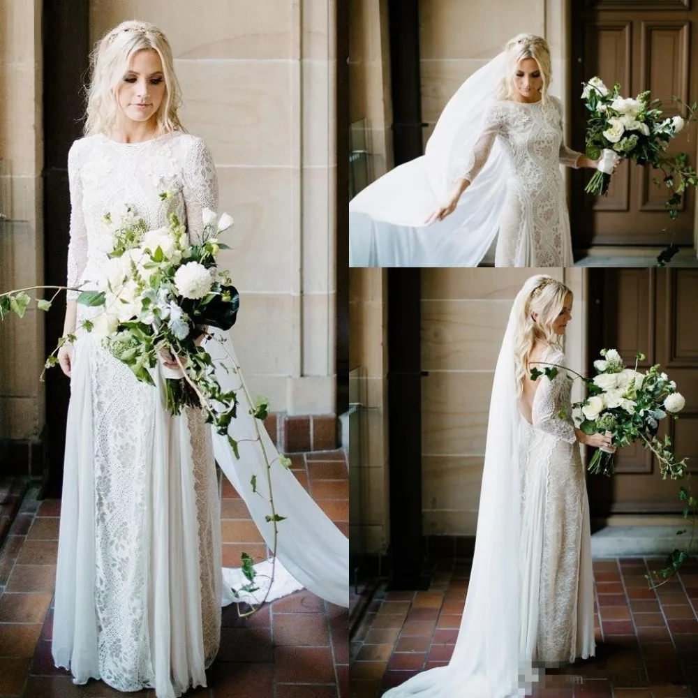 

Vintage Boho Chic Wedding Dress 2021 Lace Robe Mariee Long Sleeve Open Back Country Wedding Gowns Handmade Mermaid Bridal Dress