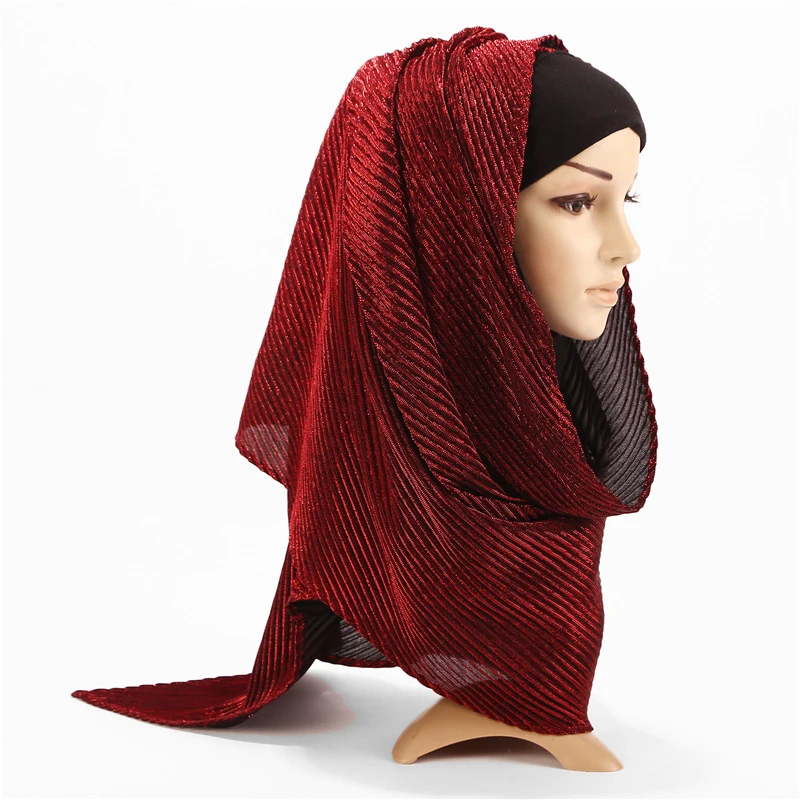 

Women Cotton Crinkle Pleated Scarf Hijab Plain Solid Color Long Scarves Head Wrap Shimmer Hijab Turban
