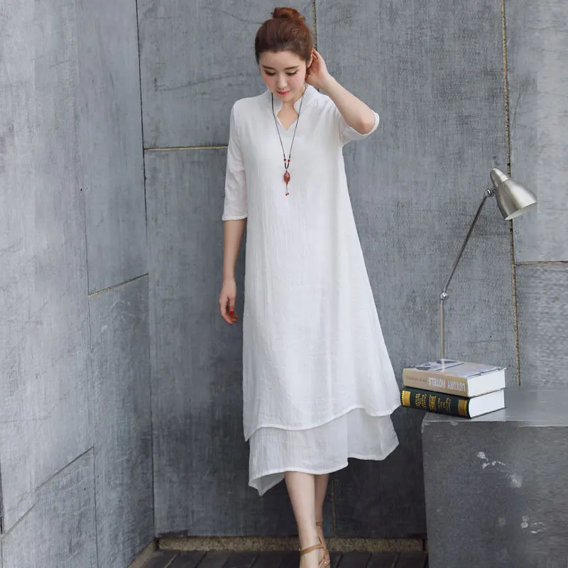 Женское льняное платье с воротником стойкой свободного покроя|women dress|collar dresssummer