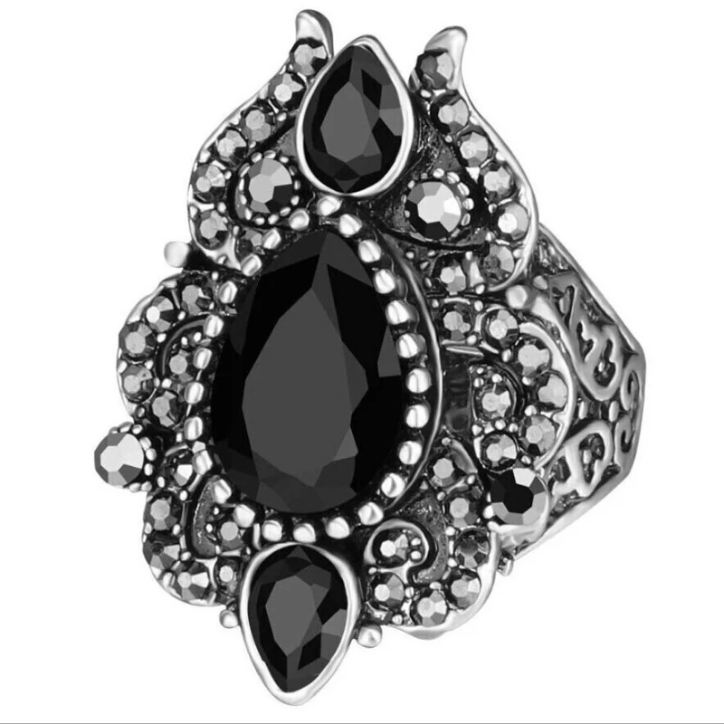 

Hot Wholesale Vintage Jewelry Wedding Rings For Women Antique Silver Color Mosaic Black Crystal Anillo Gift Accessories
