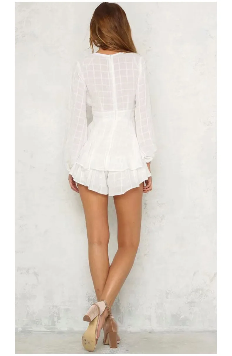 White Ruffle Plaid Jumpsuits Rompers Spaghetti Strap Cross Back Bow Tie Waist Skorts Playsuit Girl Summer Beach Overalls