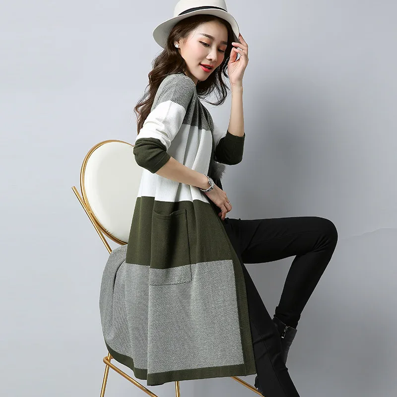 Осенние новые модные женские полосатые свободные длинные кардиганы потел V