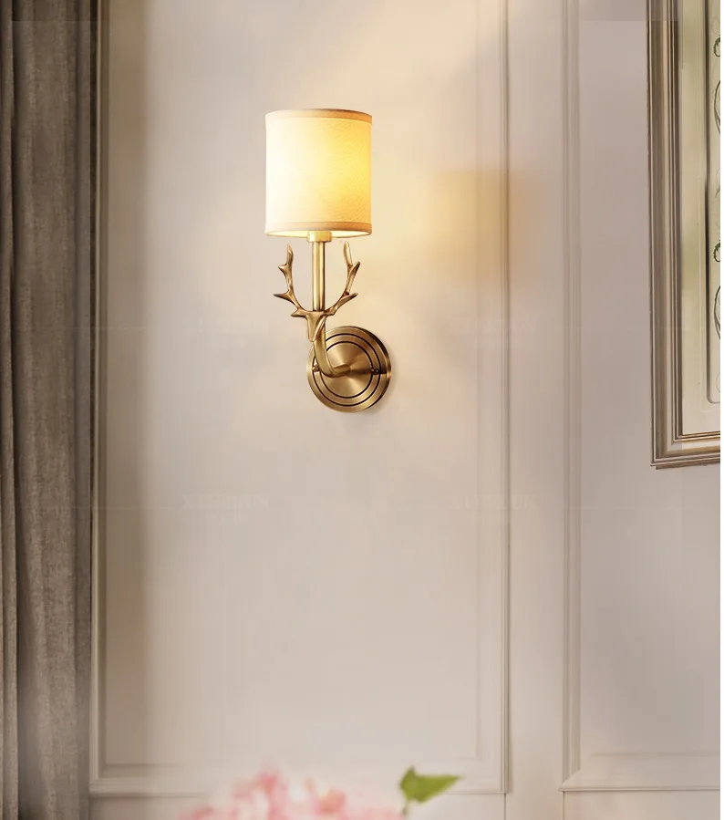 Deer antler brass material wall lamp fabric shade deer head scones Rural countryside Living room bedroom | Освещение