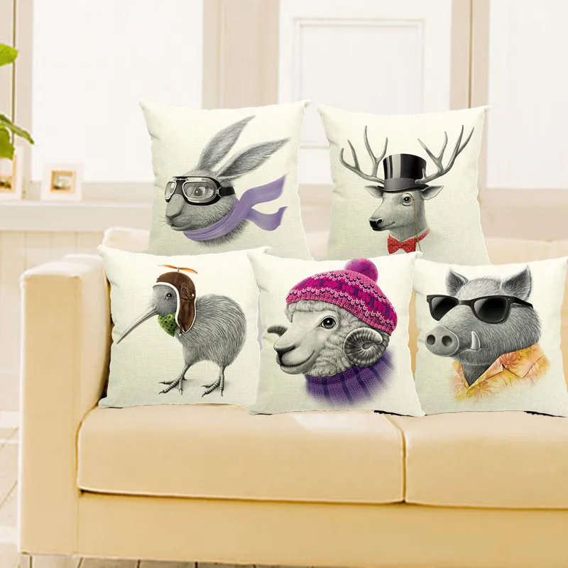 

Chicken Deer Goat Porcpuine Rabbit Cushion Cotton Linen Throw cushion cover