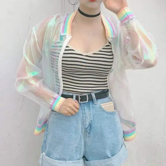 2018 Harajuku Летняя женская куртка Лазерная Радужная симфония голограмма Женская