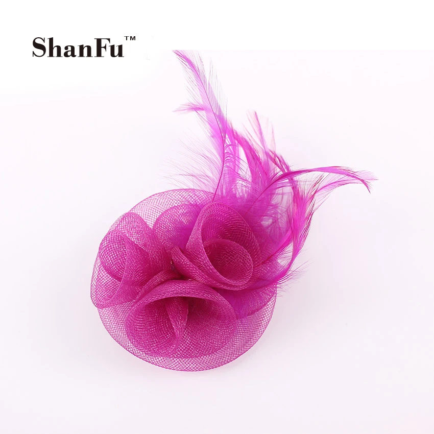 

ShanFu Ladies Small Mesh Fascinator Flower Corsage with Feather Hair Accessories for Wedding Tea party Cocktail SFB6804