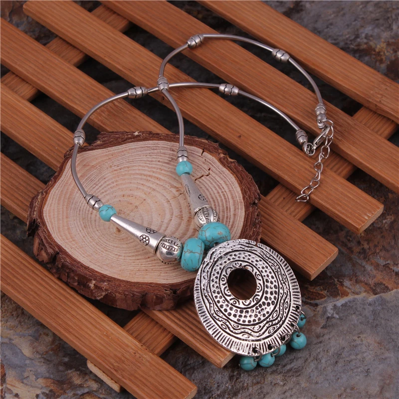 Statement Tibetan Silver Color Chain Big Stone Necklaces Bohemian Gypsy Carved Round Beads Tassels Pendants Women | Украшения и