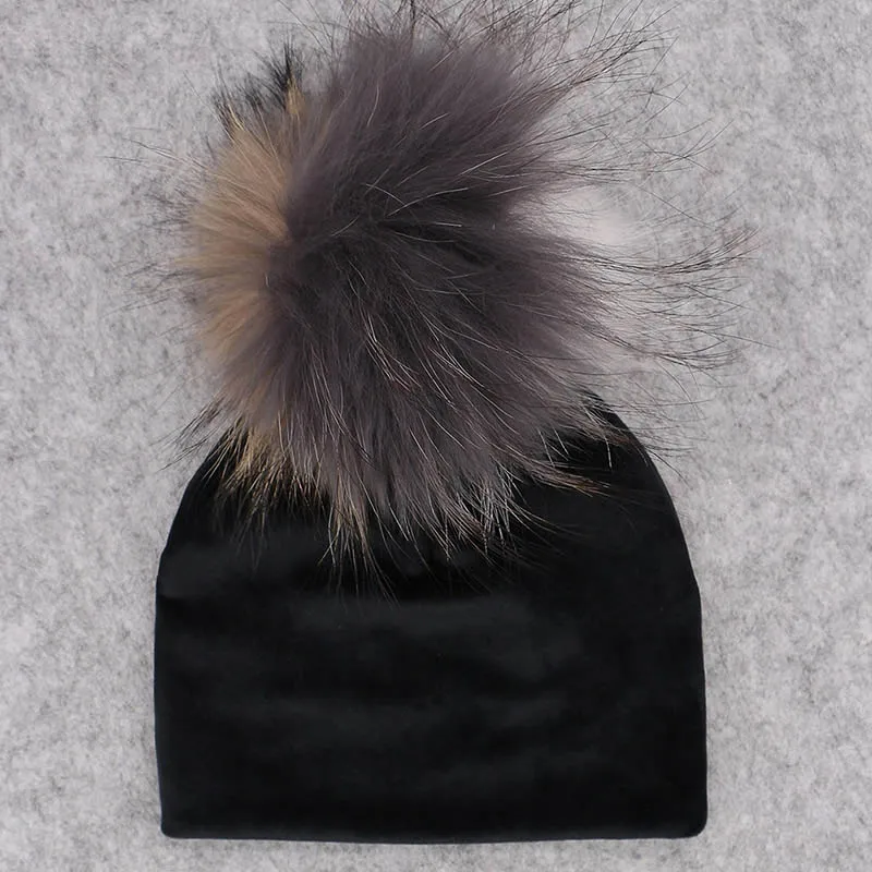 black No18 GZHILOVINGL Real Fur Pom Pom Baby Girls Boys Hat Warm Winter Knitted Velvet Hat Toddler Kids Soft Thick Flannel Beanies Pompoms - Цвет: black No18