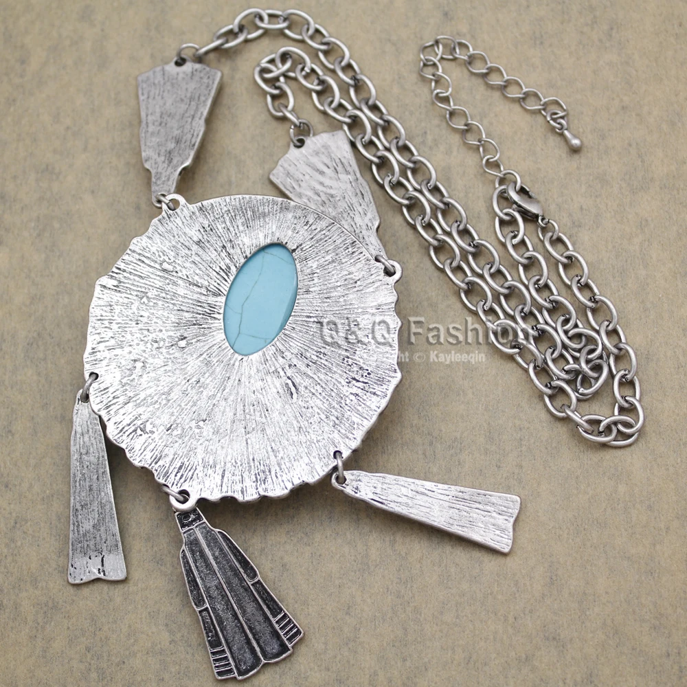 Vintage Silver Plated Dream Catcher Big Blue Stone Pendant Dome Chain Bib Necklace Turkey | Украшения и аксессуары