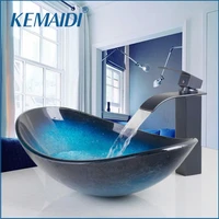 kemaidi waterfall spout basin black tapbathroom sink washbasin tempered glass hand painted with oil rubbed bronze finish faucet