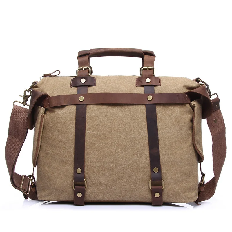 Винтажный кожаный + холщовый мужской портфель из натуральной кожи мужские сумки