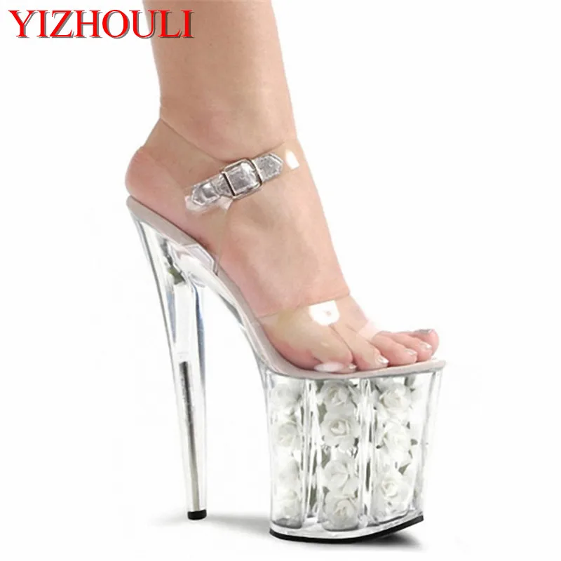 20cm sexy bottom high heels lady fashion clear sandals 8 inch white flowers for wedding dress Crystal shoes