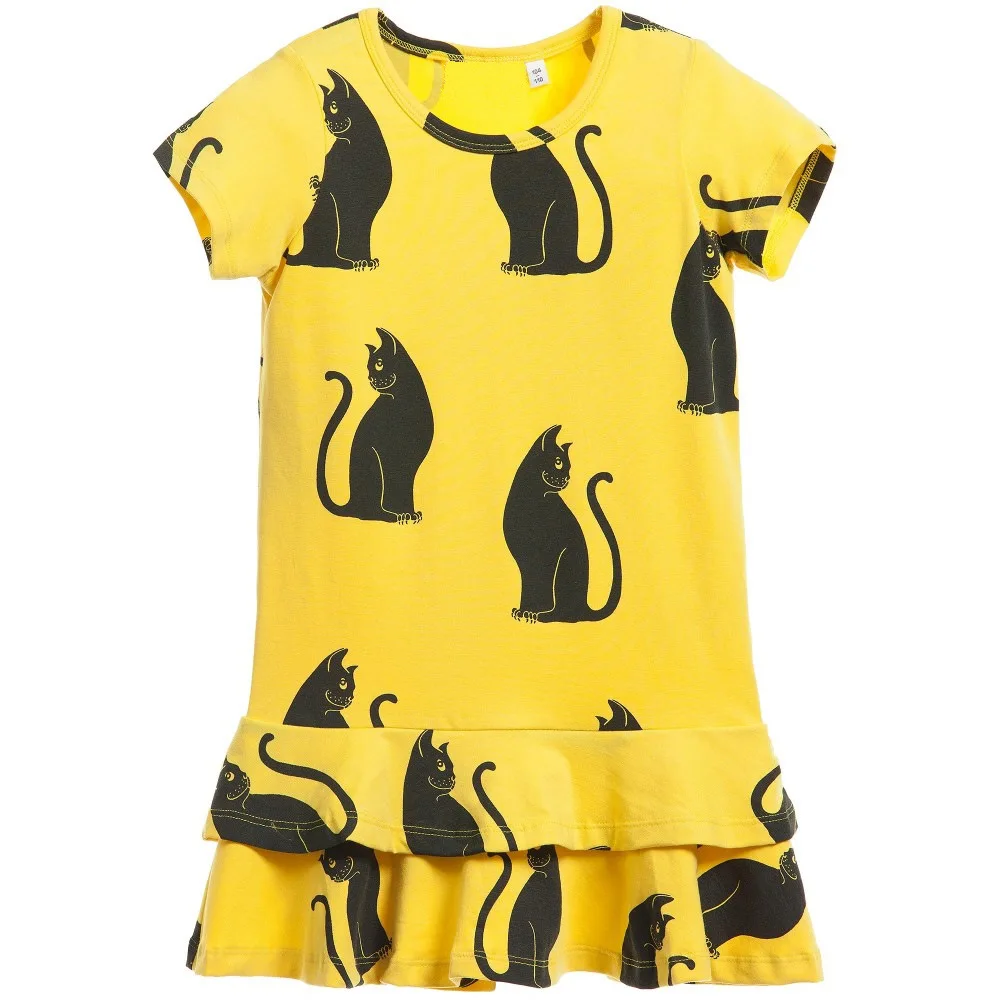 Summer Baby Girls Dress Cotton Blended Kids Mini Cat Printing Short Sleeve Infant Cute Clothing 2-8Y Yellow | Детская одежда и