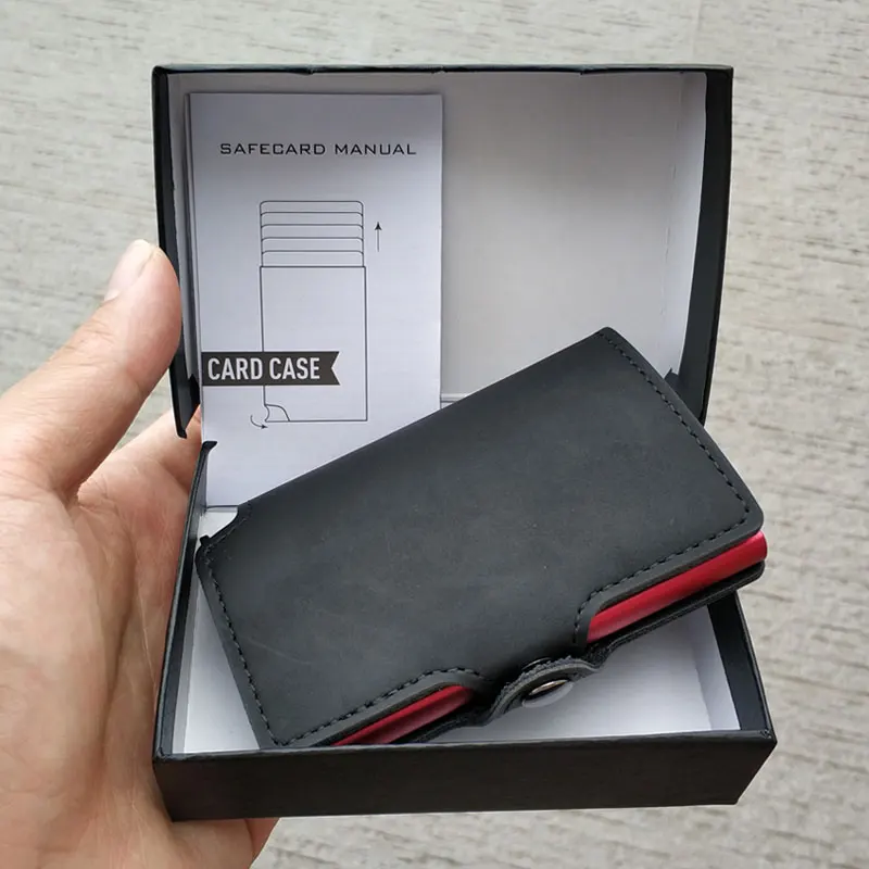 black and red alloy RFID винтажный кожаный кредитный держатель для карт для мужчин алюминиевый сплав Автоматическая застежка Бизнес ID многофункциональный держатель для карт кошелек - Цвет: black and red alloy