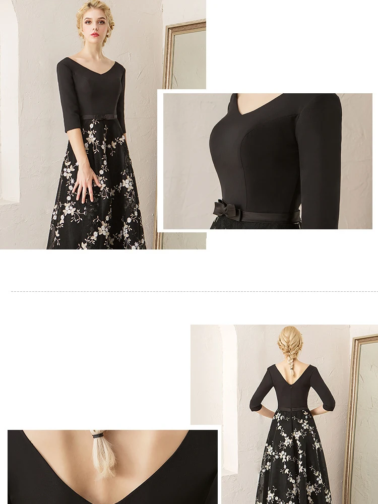 Вечернее платье черное сексуальное с v-образным вырезом Robe De Soiree длинного размера плюс с открытой спиной платья для выпускного вечера женские вечерние платья с коротким рукавом E564
