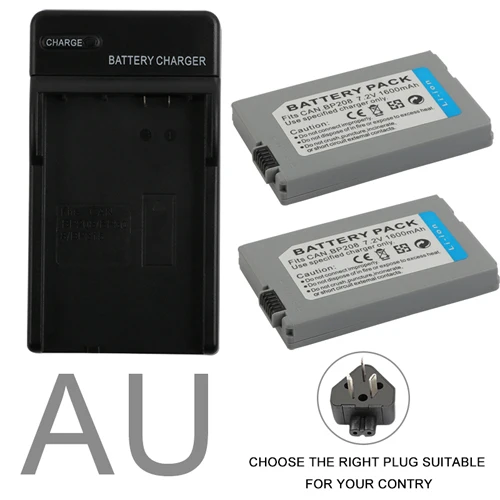 AU 2x BP-208 BP 208 Камера Батарея+ быстрая Зарядное устройство для Canon DC10 DC19 DC20 DC21 DC22 DC40 DC50 DC51 DC95 DC100 DC200 DC201 DC210 - Цвет: AU