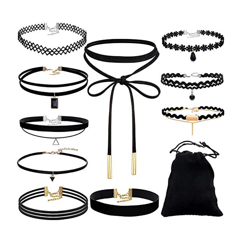 

Black Velvet Choker Necklaces Rope with Storage Bag for Women Girls Pack of 10 Stretch Velvet Classic Gothic Tattoo Lace Choker