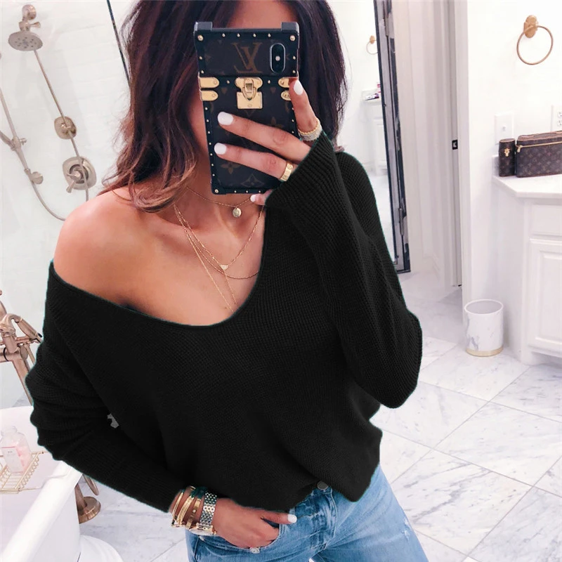 ELSVIOS пикантные одно плечо вязаный свитер для женщин Сплошной пуловеры трикотаж