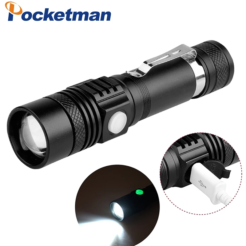

Pocketman Ultra Bright XM-L T6 USB LED Flashlight 3 Modes 3800 Lumens Zoomable LED Torch 18650 Battery + Charger + USB