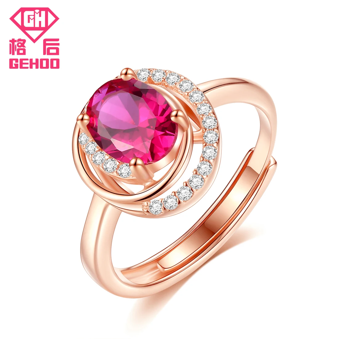 Resizable Ring GEHOO розовый кварц ювелирный набор проложили CZ подвеска уникального дизайна 925 пробы Серебряный женский шарм ожерелье и серьги-гвоздики и кольцо - Цвет камня: Resizable Ring