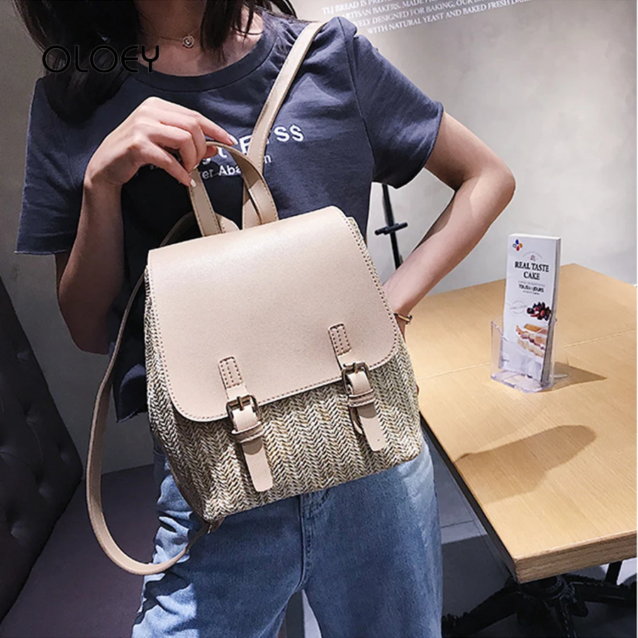 Летний соломенный плетеный женский рюкзак маленький из искусственной кожи для