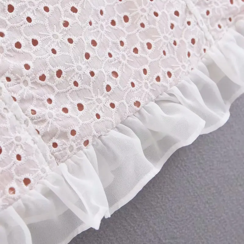 

2019 Summer vintage puff sleeve top crop top women ruffle square neck blouse floral embroidery blouse casual white shirts