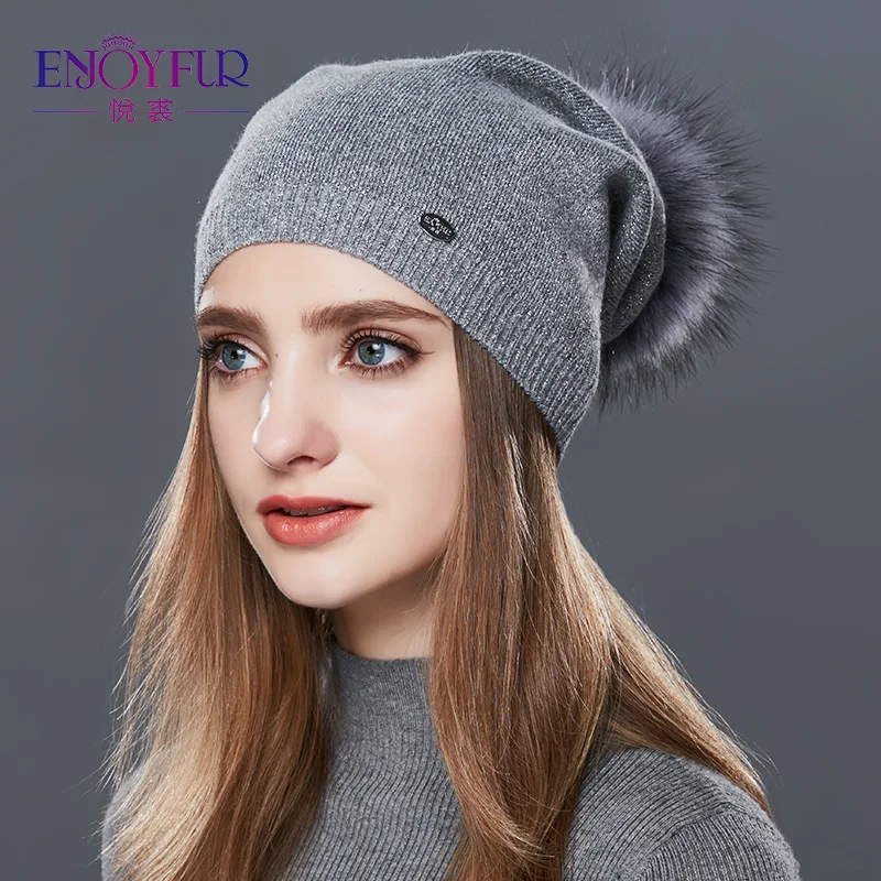 Enjoyfur из натурального меха енота Pom Hat женские шерстяные вязаные шапки зимние для