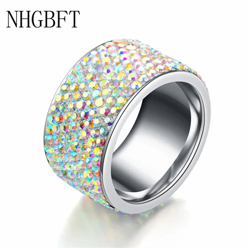 NHGBFT 12MM Wide Color zircon CZ Ring Romantic Love Jewelry Women Stainless steel ring Dropshipping | Украшения и аксессуары