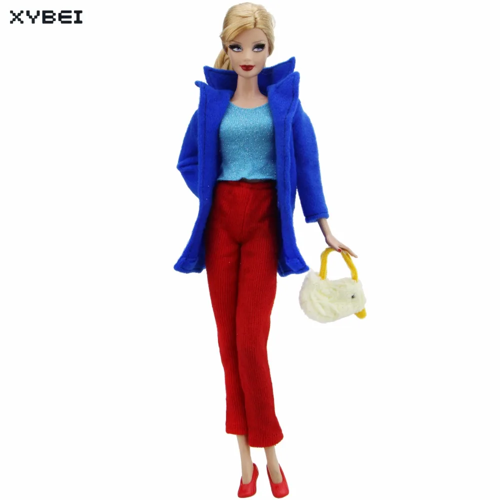 Handmade Colorful Outfit Winter Daily Wear Blue Coat Pants Trousers Cap Scarf Handbag Shoes Clothes For Barbie Doll Accessories | Игрушки и