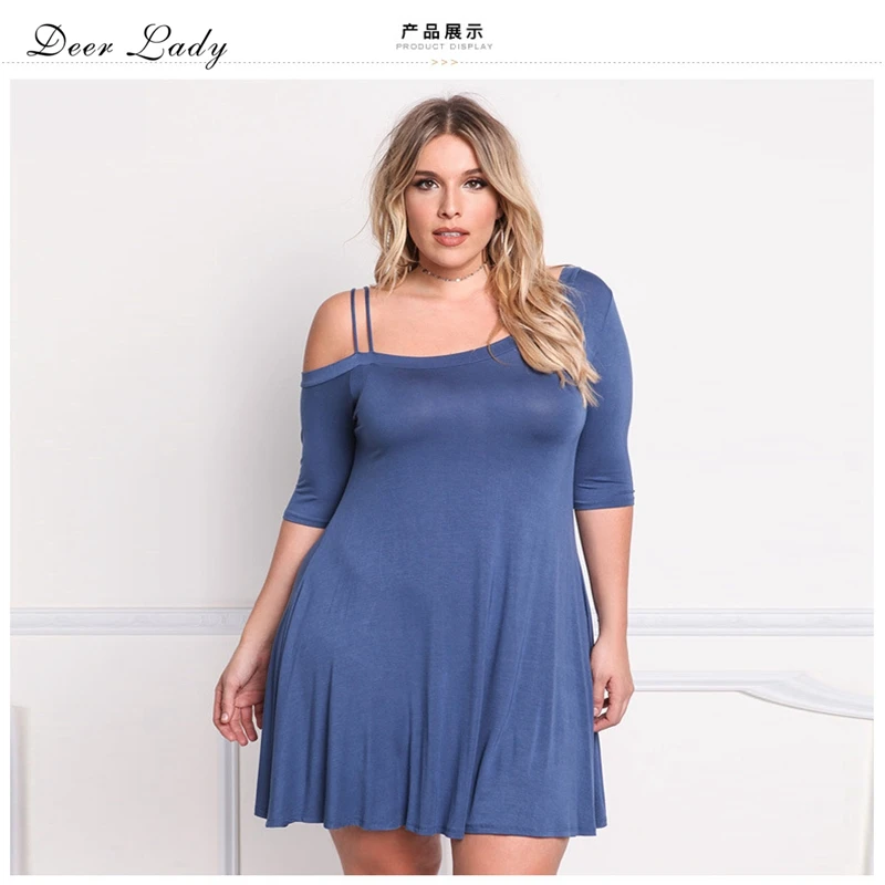 Женское хлопковое платье с оленем Лето 2017 синее большого размера облегающее