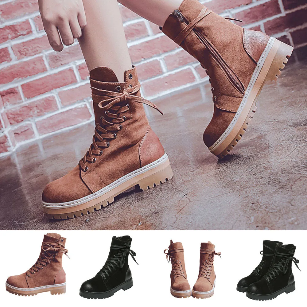 Boots Women's Retro Lace-UP Shoes platform Non-slip Round Toe Zipper Martin PU Leather Winter Classic Female Sep# | Обувь