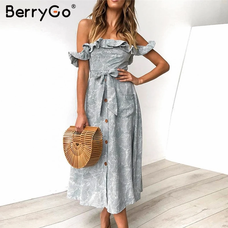 BerryGo женские платья платье миди богемное с принтом на пуговицах элегантные
