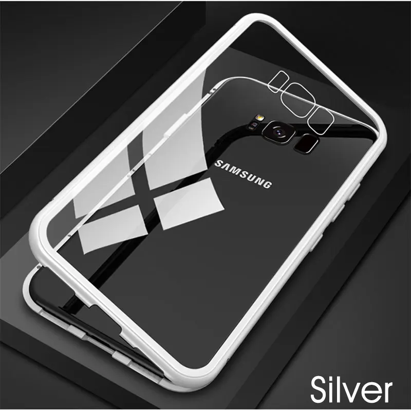 360 металлический магнитный чехол с полным покрытием для samsung Galaxy S9 S8 Plus S10 Plus S10 E Note 8 9 A50, чехол-накладка из закаленного стекла - Цвет: silver