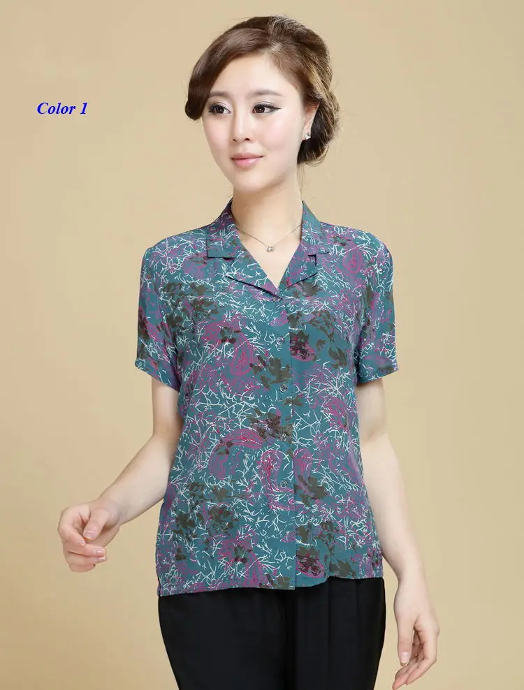 Pure silk notched collar button lady shirt,100% silk crepe-de-chine suit-collar short sleeve print blouse women,with gift mask