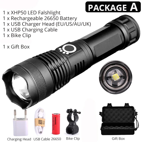 Package A 20000LM самый мощный XHP50 светодиодный велосипедный флэш-светильник USB Перезаряжаемый USB зум велосипедный светильник фонарь 18650 26650 для наружного велосипеда светильник - Цвет: Package A