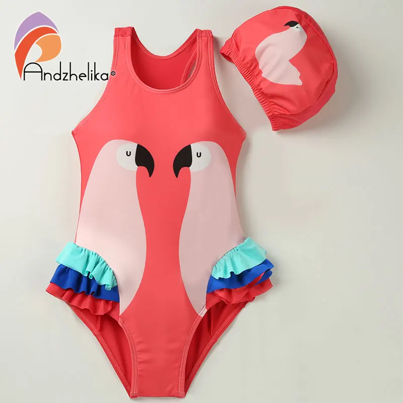 

Andzhelika Children Swimsuit One Piece Girl Bird Print Swimwear Baby Cup Swim Hat Child Sports Bodysuit Bathing Suit For Girls
