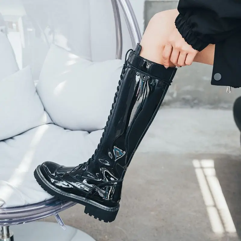 patent leather ASUMER/Новинка года; сапоги из натуральной коровьей кожи; женские сапоги до колена на шнуровке; сезон осень-зима; черные женские мотоциклетные сапоги на платформе с молнией - Цвет: patent leather
