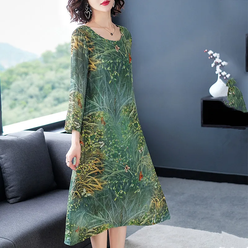 Green Spring summer Vestidos Mid-Calf Dress Women Butterfly Floral Printed Elegant Ladies Plus Size M-4XL Casual O-Neck Robe | Женская