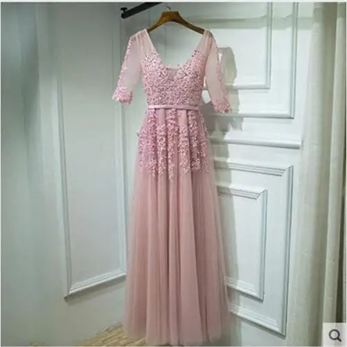 bean pink half sleev Реальные фотографии темно-синие вечерние платья vestido de festa с v-образным вырезом и рукавом-крылышком винтажные кружевные аппликации из бисера африканские платья для выпускного вечера - Цвет: bean pink half sleev