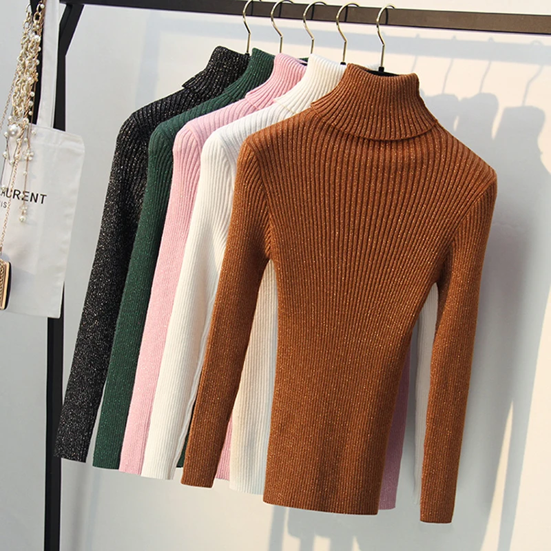 Autumn Winter Women Turtleneck Sweater New Fashion Long Sleeve Bling Lurex High Elasticity Pullover Knitted Jumper Pull Femme | Женская