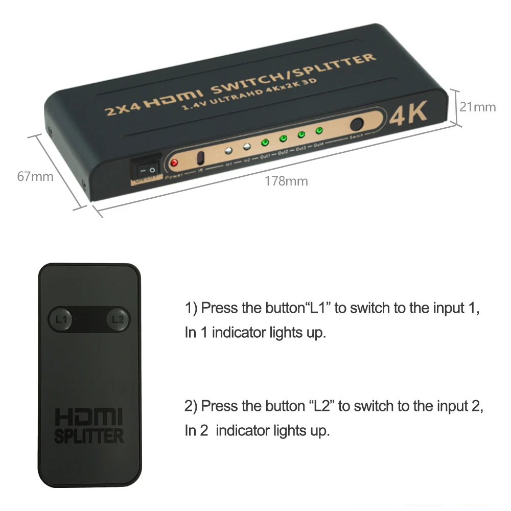 4K HDMI переключатель 2 в 4 из сплиттер 2x4 1 до hdmi x 2K 3D с дистанционным управлением