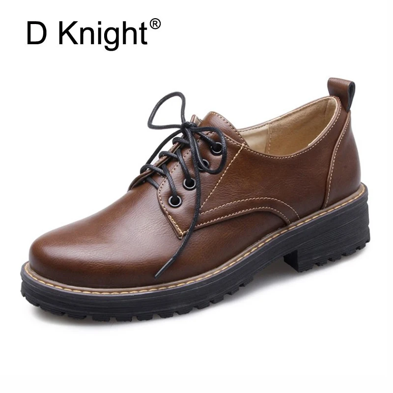 

New 2021 Spring Round Toe Flat Brogue Oxford Shoes For Women Plus Size 34-43 Vintage Lace Up Women Oxfords Shoes Brown Black Red