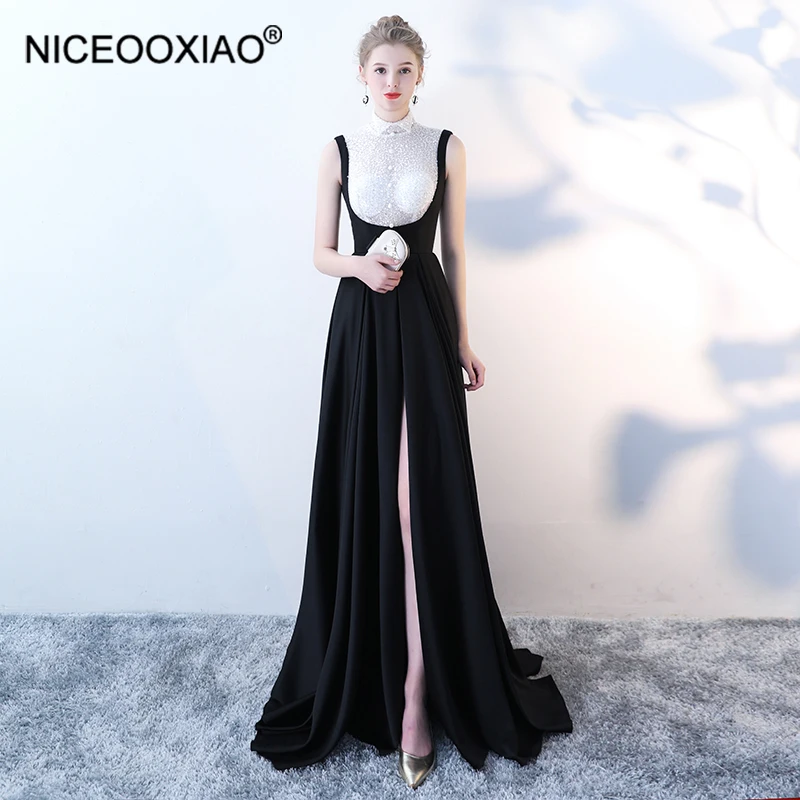 Женское вечернее платье NICEOOXIAO Черное Длинное Элегантное с круглым вырезом на