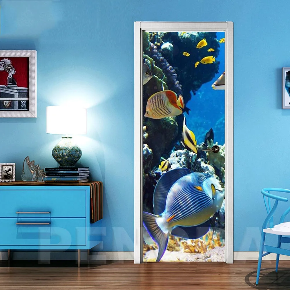 Door XRN1550-03 3D самоклеящаяся настенная художественная наклейка на дверь с изображением рыбьего дна, новая наклейка для украшения дома, двери, ремонт, печать, холст, картина - Цвет: Door XRN1550-03