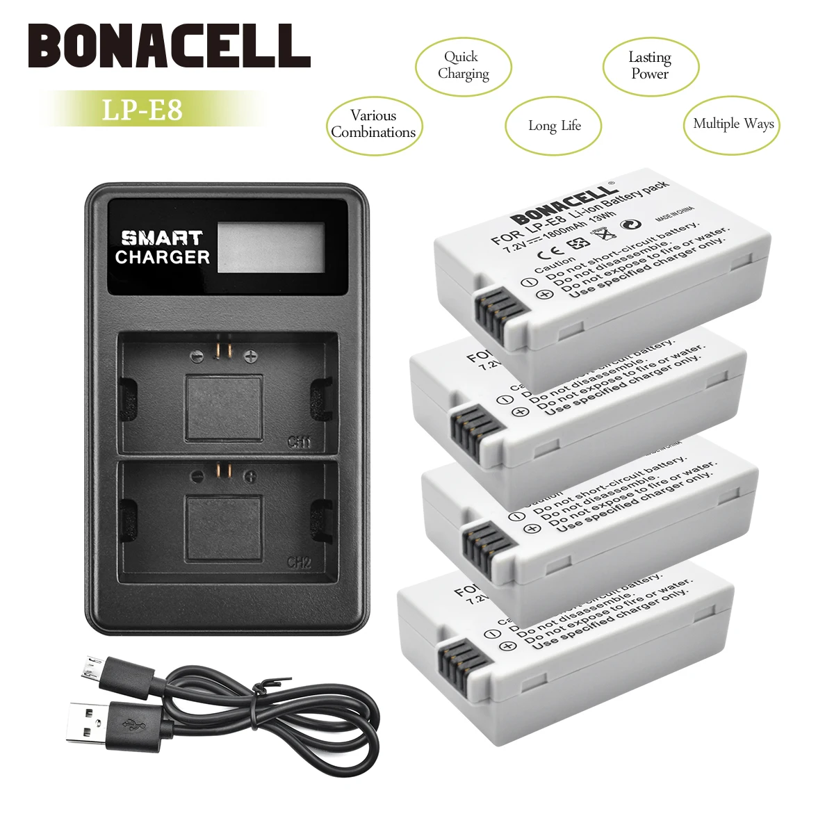 Bonacell LP-E8 LP E8 LPE8 Камера Батарея+ ЖК-дисплей двойной Зарядное устройство для цифровой однообъективной зеркальной камеры Canon EOS 550D 600D 650D 700D поцелуй X4 X5 X6i X7i Rebel T2i T3i L50 - Цвет: 4X Battery Charger