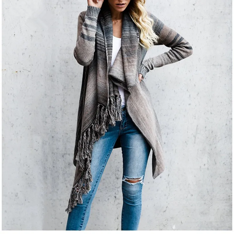 Spring Autumn Women Irregular Hem Long Knitted Cardigan Jacket Casual Tassel Striped Cloak Cardigans Coats Oversized Stripe Tops |