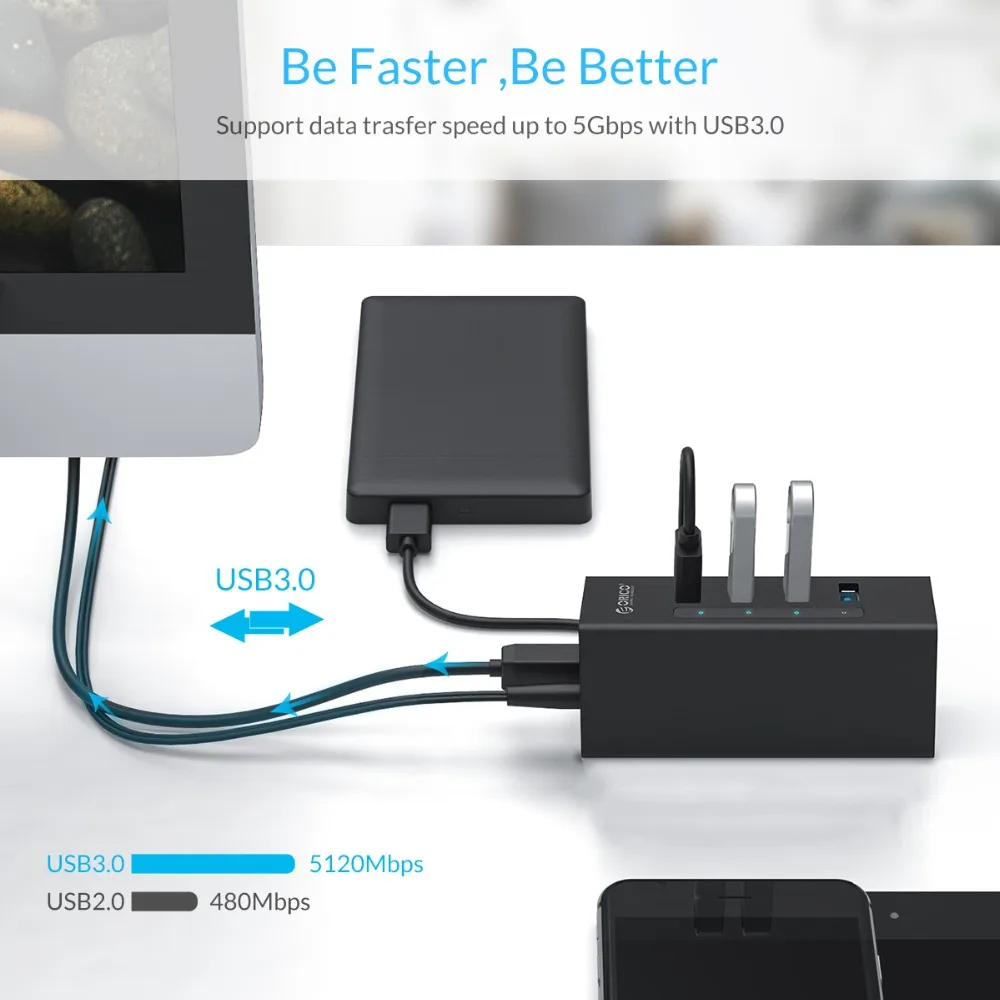 Алюминиевый usb хаб ORICO 4 порта 5 Гбит/с концентратор USB 3 0 с 12 В порт питания BC1.2